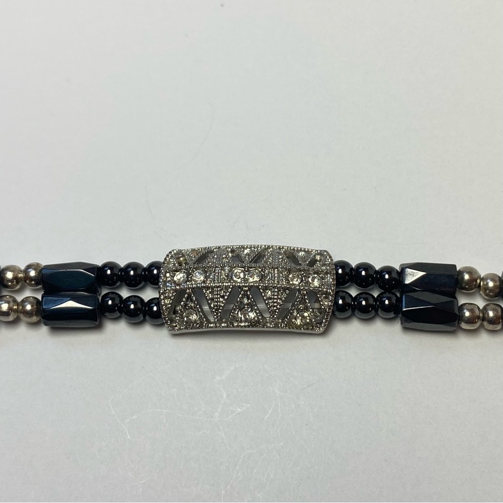 Art Deco Style Silver Tone Rhinestone Double Strand Magnetic Hematite Bracelet‎ - Picture 6 of 9